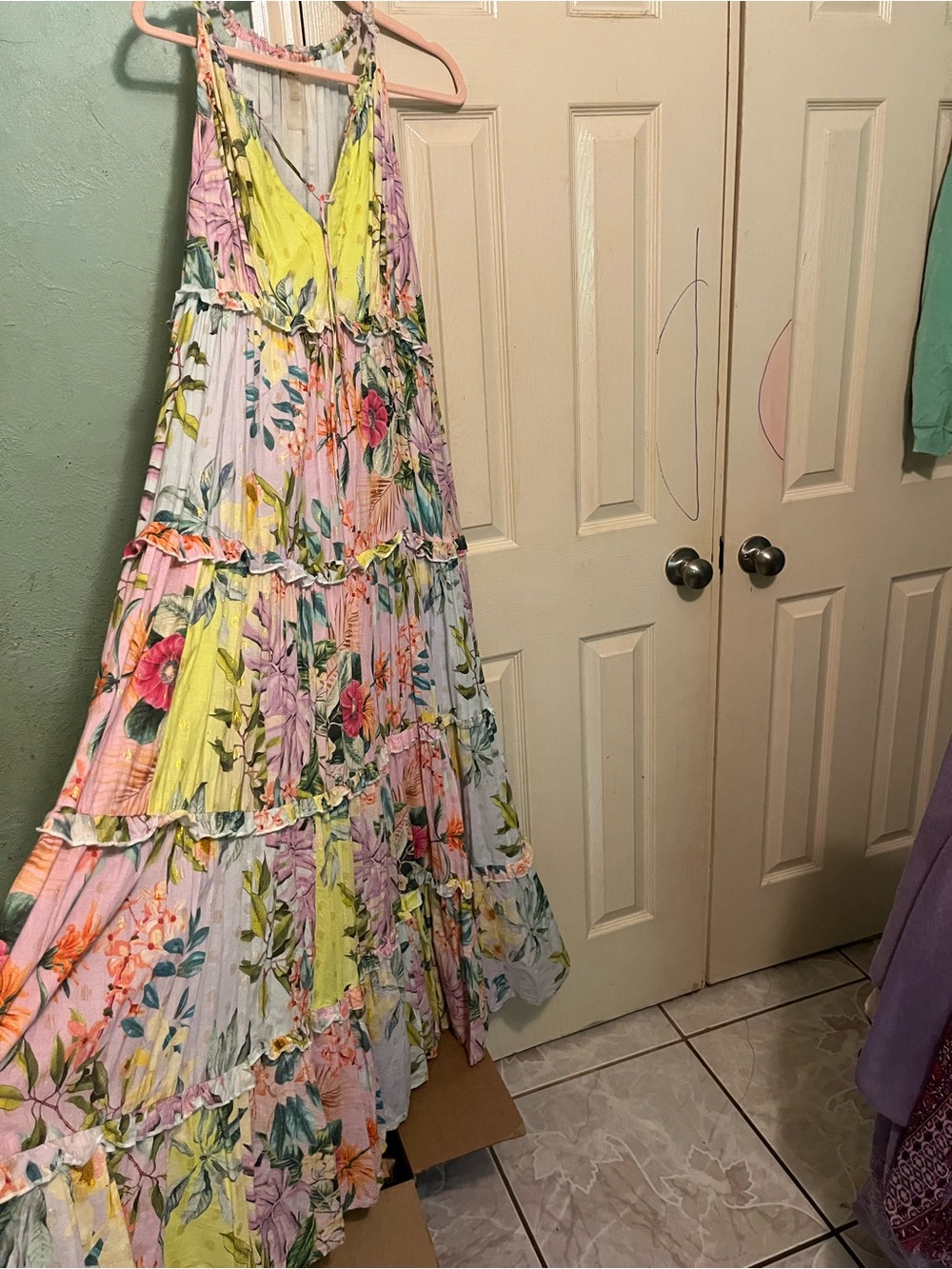 Anthropologie Floral Tiered Maxi Dress in Yellow, Pink, Green, Purple